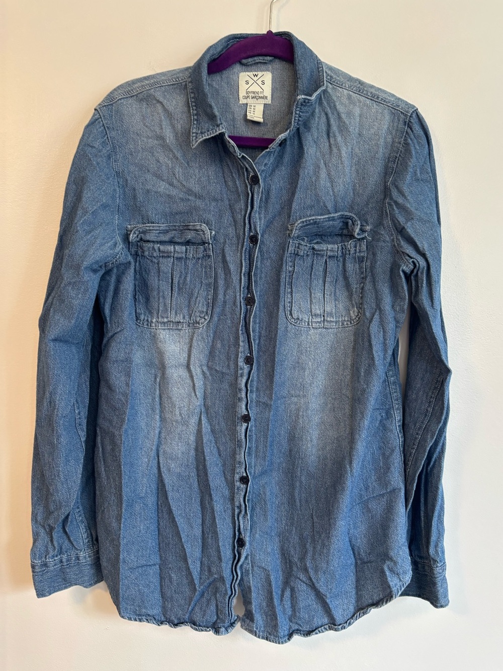 SWS Blue Denim Chambray Boyfriend Fit Button Up Down Shirt Top Size Medium